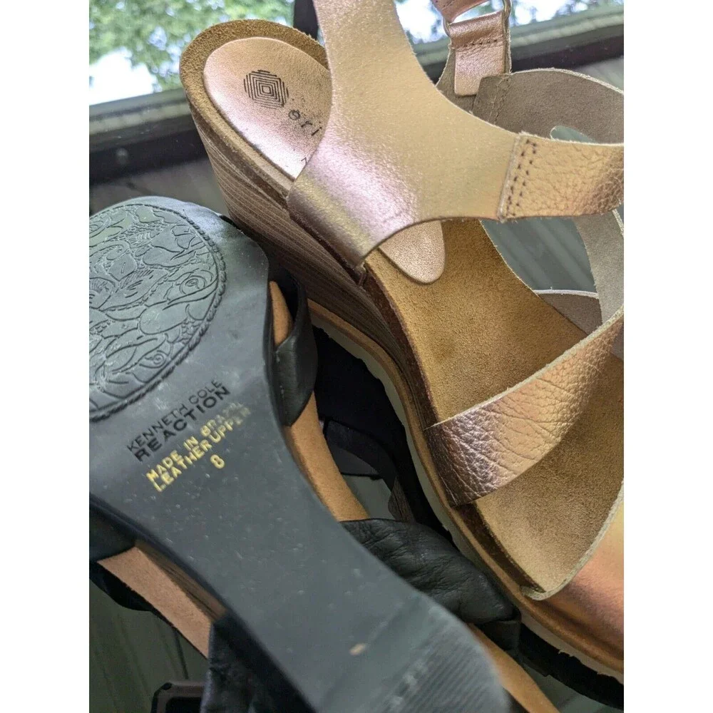 Eric Michael Sandal Womens Sz 8 Rose Gold Leather Wedge Heel AnkleStrap Metallic